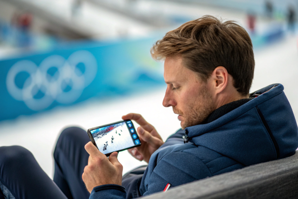 un homme qui regarde les jeux olympiques d’hiver sur son smartphone
