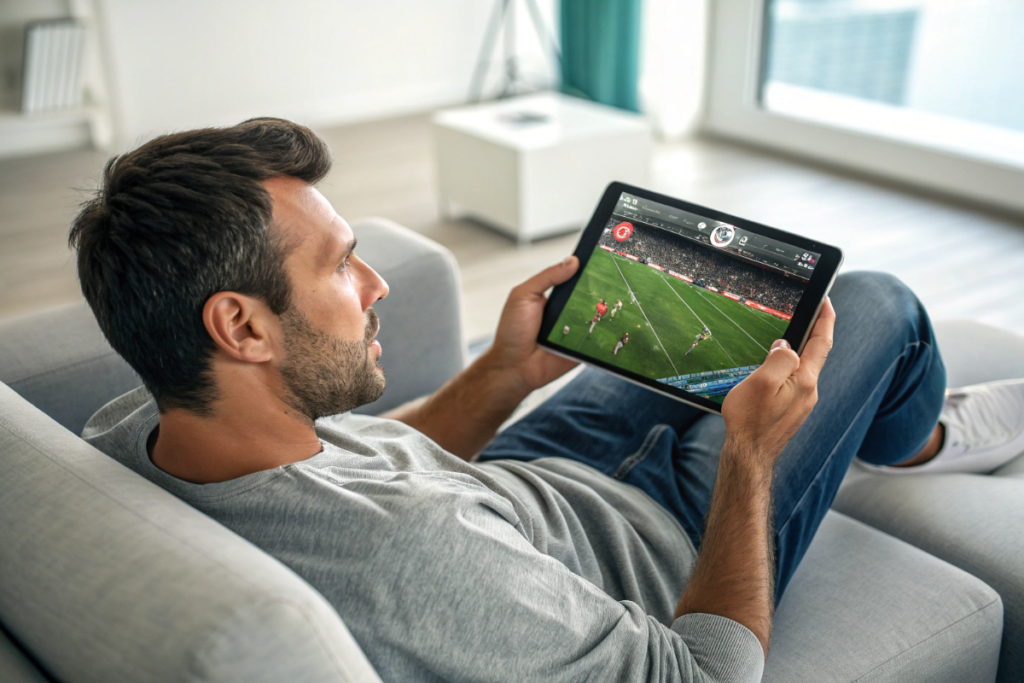 un homme qui regarde un match de football sur sa tablette