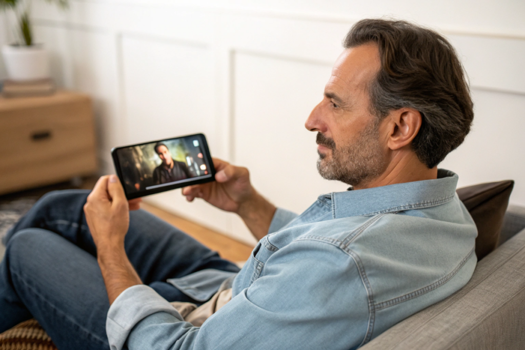un homme qui regarde une bande annonce sur son téléphone portable