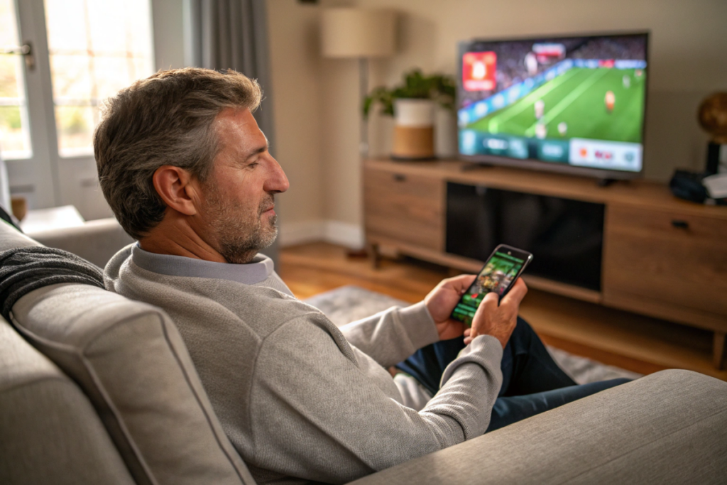 un homme qui suit la Premier League sur son smartphone