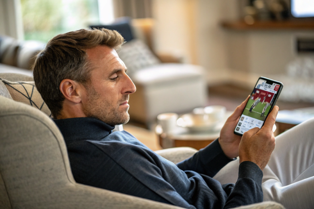 un homme qui suit l'actu sport sur son smartphone