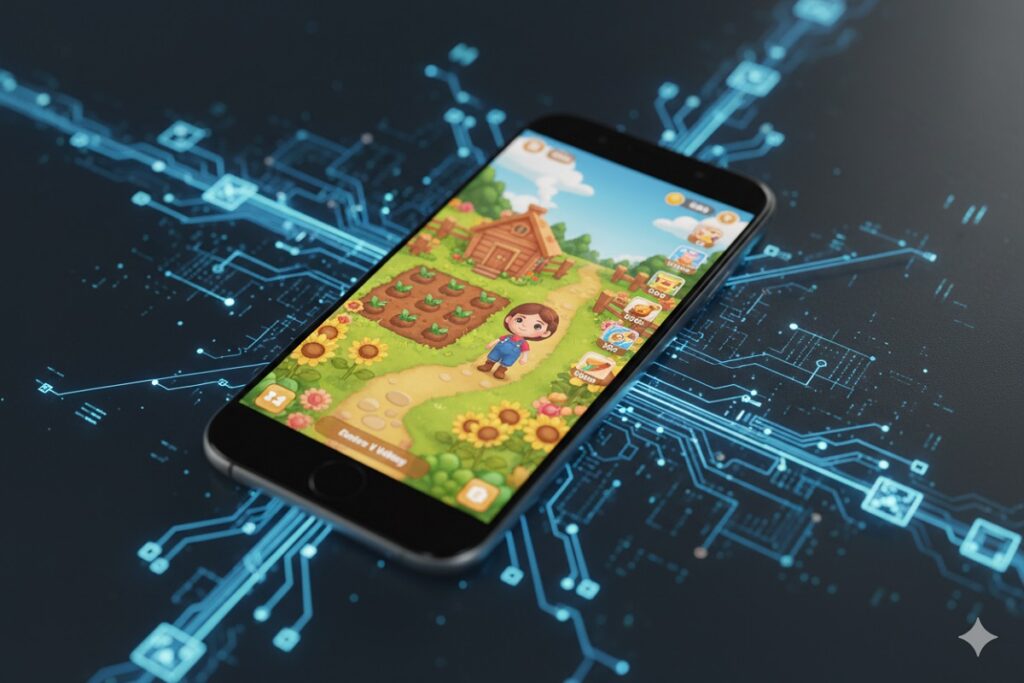 un jeu inspiré de Sunrise Village sur un écran de smartphone