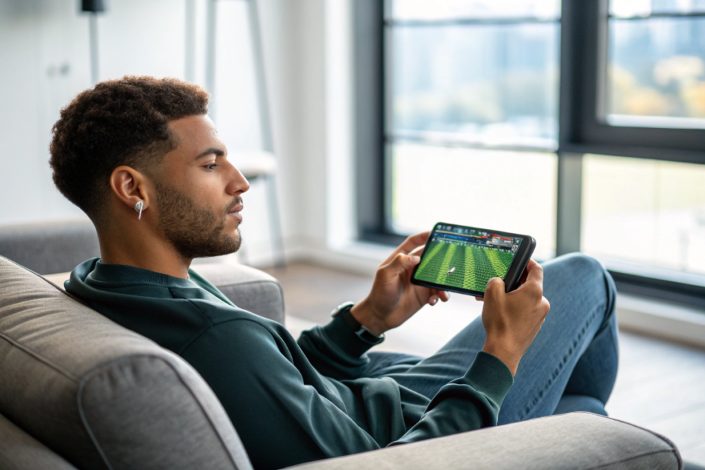 un jeune homme qui suit la Premier League sur son smartphone