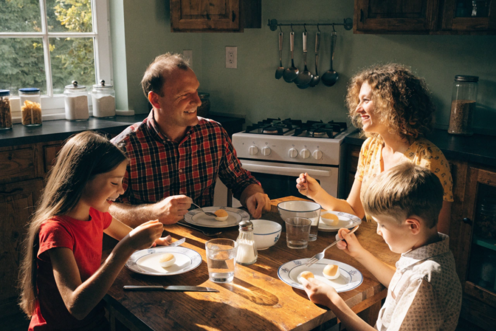 une famille qui mange des œufs