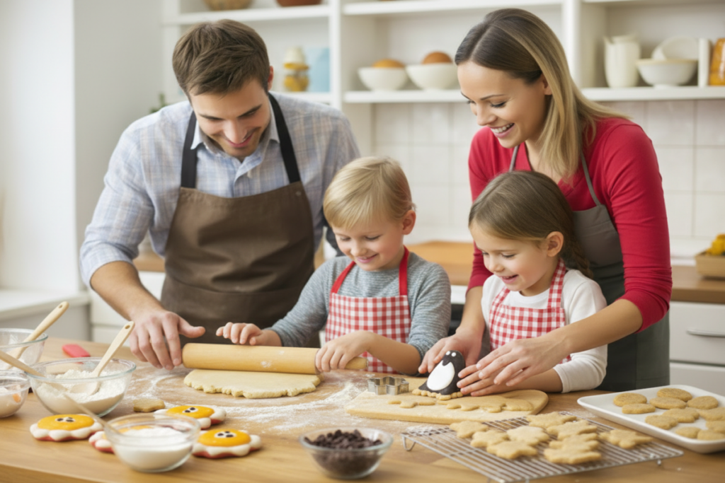 une famille qui prépare des biscuits pingouins
