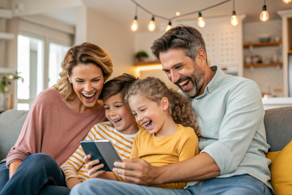 une famille qui regarde une bande-annonce sur un smartphone