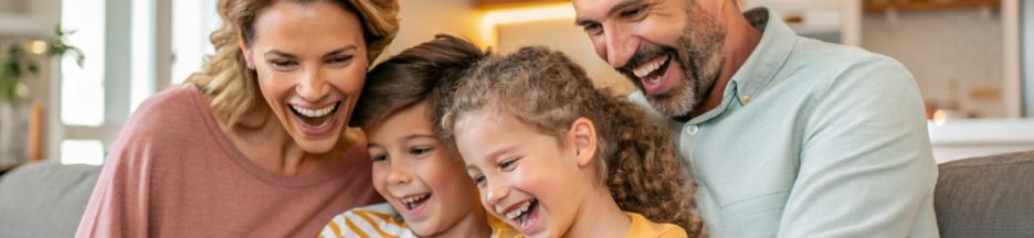 une famille qui regarde une bande-annonce sur un smartphone