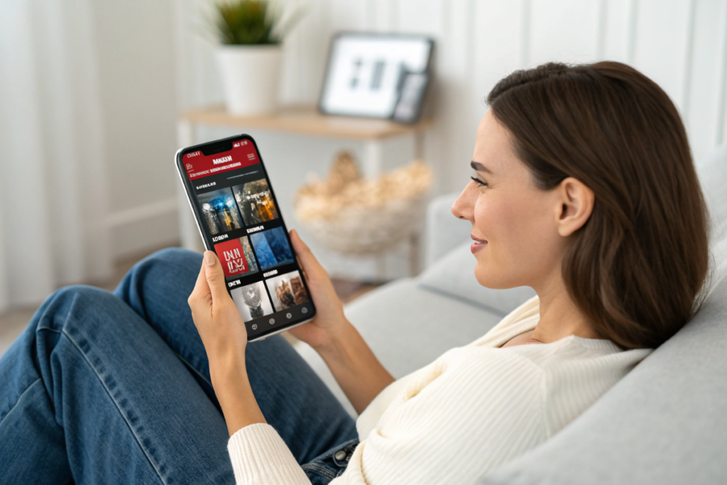 une femme qui cherche des films en ligne sur un smartphone