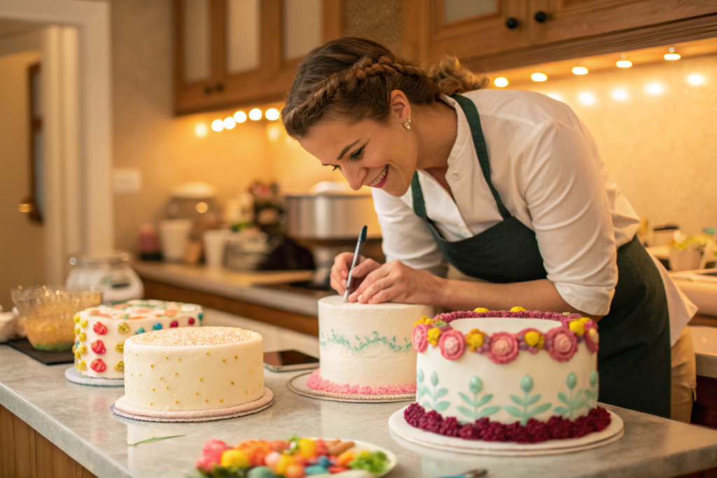 une femme qui décore ses gâteaux