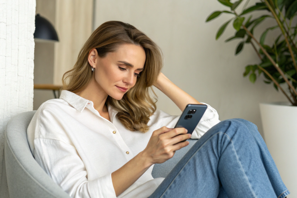 une femme qui est à la recherche de films en ligne sur un smartphone