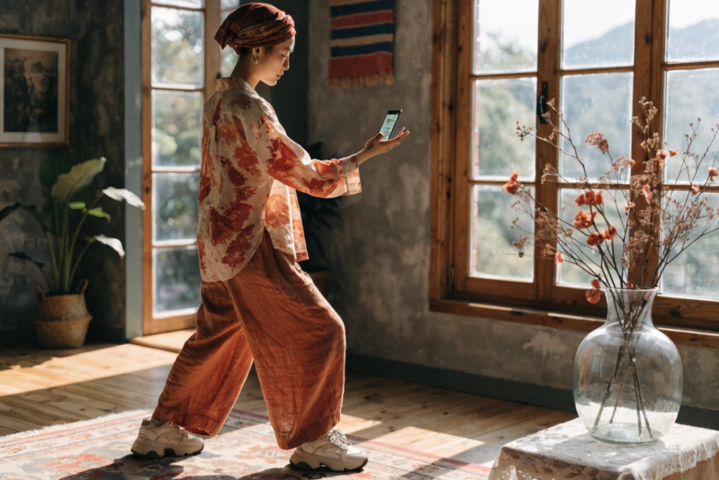 une femme qui pratique le Tai-Chi en suivant une vidéo sur son smartphone