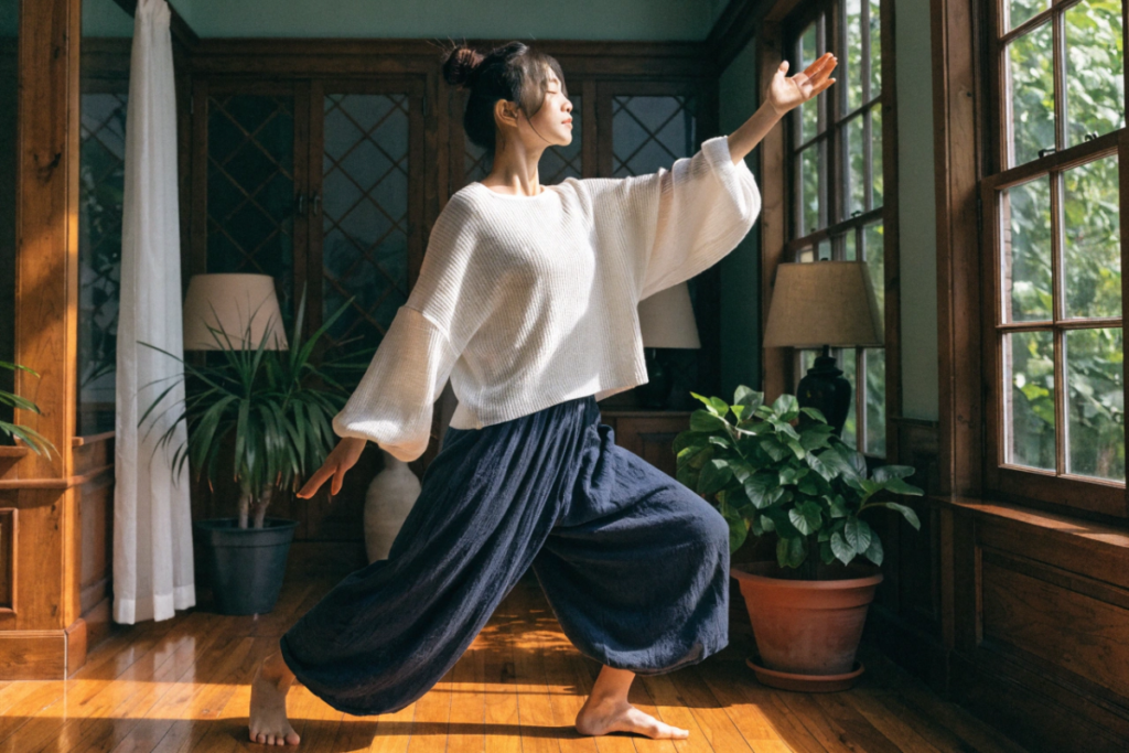 une femme qui pratique l'équilibre à travers le Tai-Chi