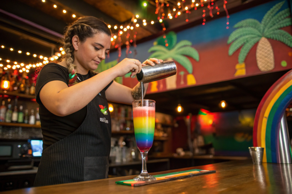 une femme qui prépare un cocktail arc-en-ciel
