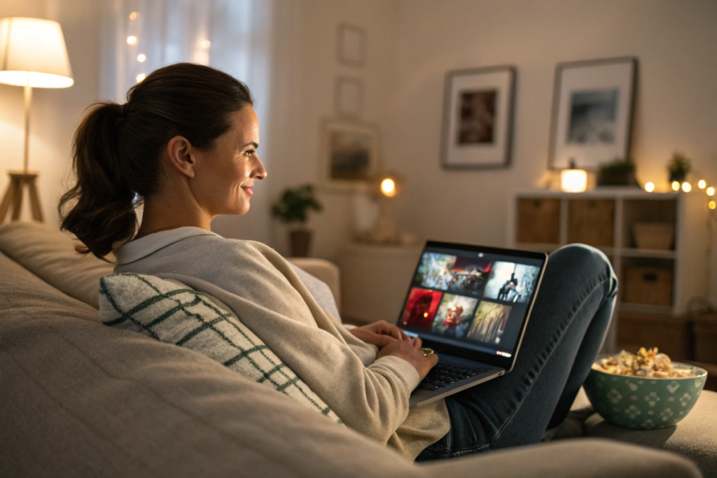 une femme qui regarde des films sur son ordinateur portable