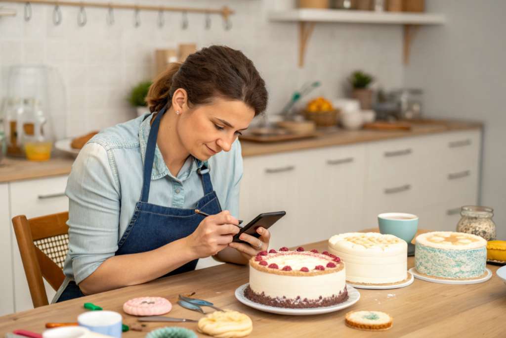 une femme qui regarde des tutoriels sur son smartphone pour décorer ses gâteaux
