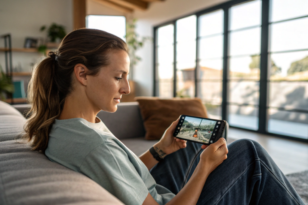 une femme qui regarde des vidéos de skateboard sur son smartphone