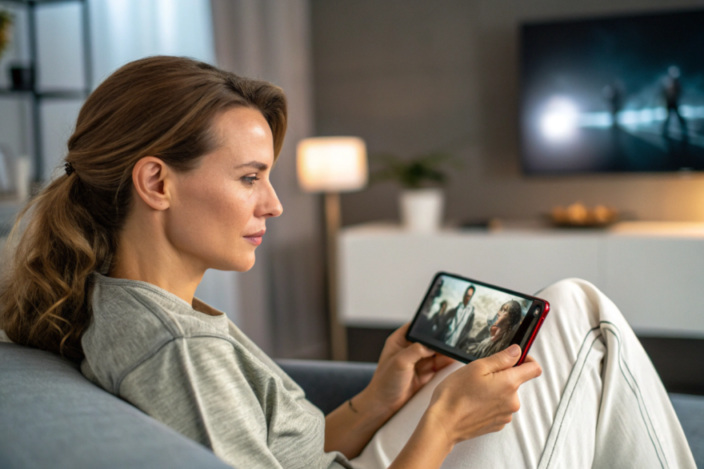 une femme qui regarde un film préquel sur son smartphone