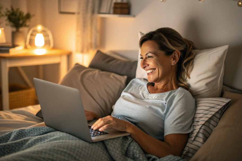 une femme qui regarde une bande annonce sur son ordinateur portable