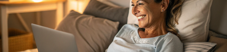 une femme qui regarde une bande annonce sur son ordinateur portable