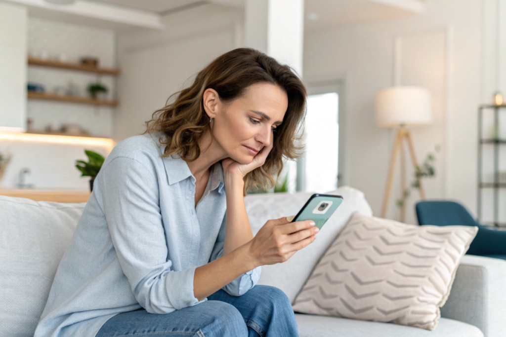 une femme qui regarde une bande-annonce sur son smartphone