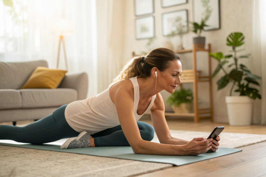 une femme qui suit une classe de stretching sur son smartphone