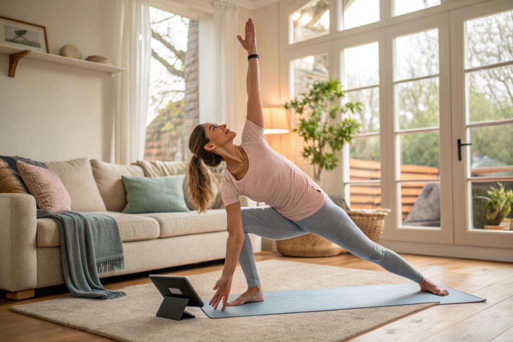 une femme qui suit une classe de stretching sur une tablette