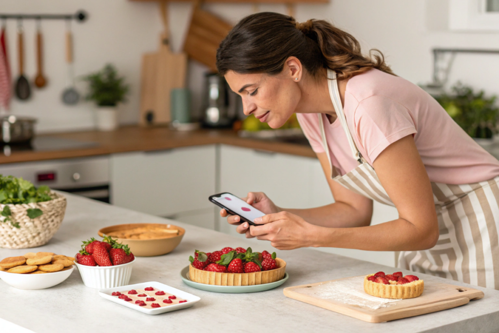 une femme qui suit une recette de tarte volcan givré aux fraises sur son smartphone