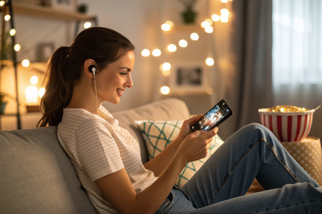 une fille qui regarde une bande annonce sur son téléphone portable