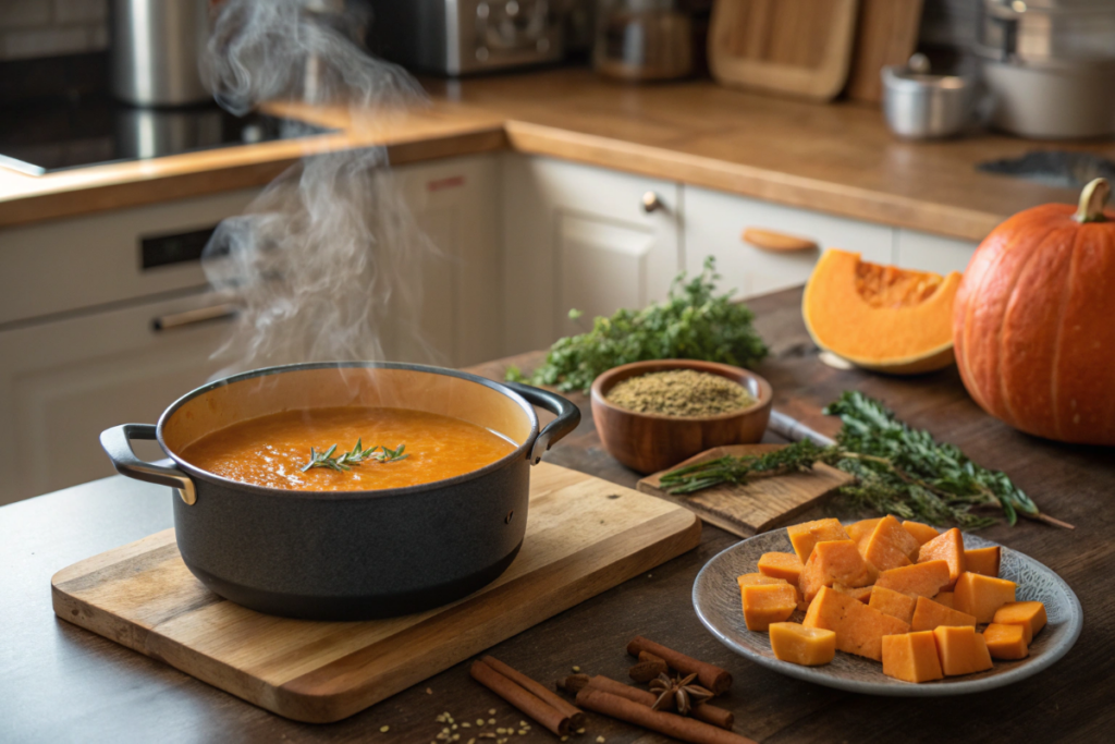 une soupe à la citrouille en préparation