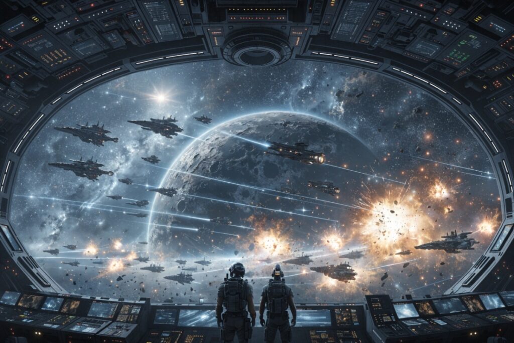 Deux rebelles face à une flotte spatiale ennemie dans l'espace