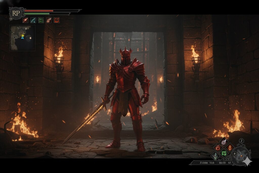 chevalier en armure rouge comme dans le patch 1.4 de Crimson Desert