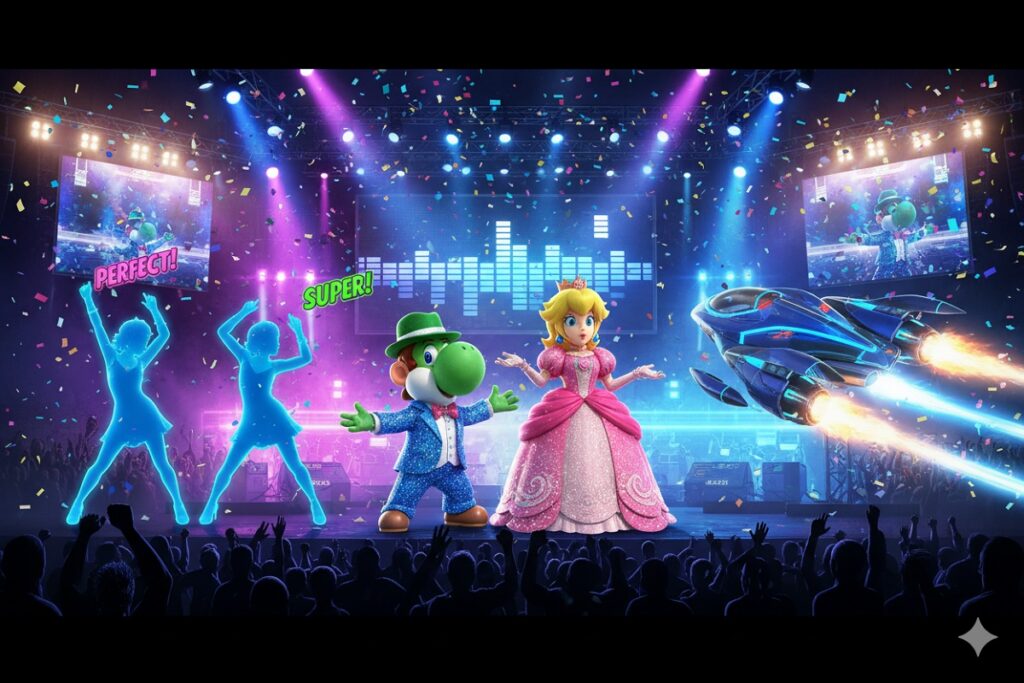 composition mêlant les univers de Yoshi, Mario, Just Dance et Wipe out