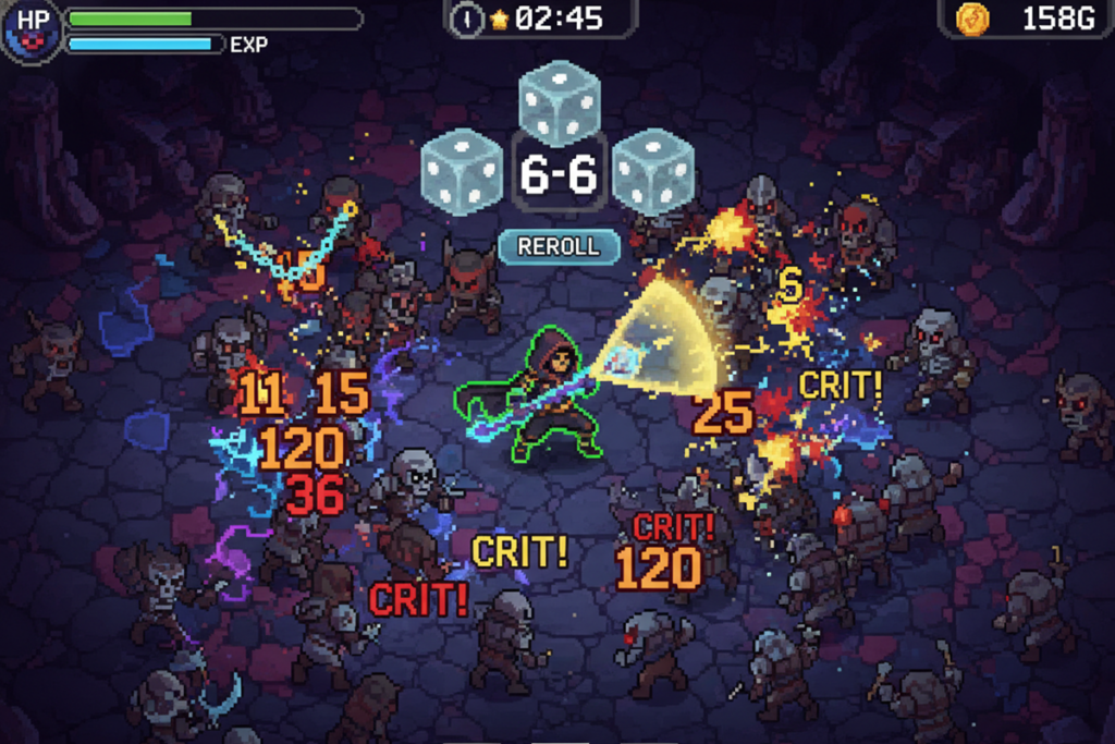 Gameplay d’un roguelite survivor comme Dicero