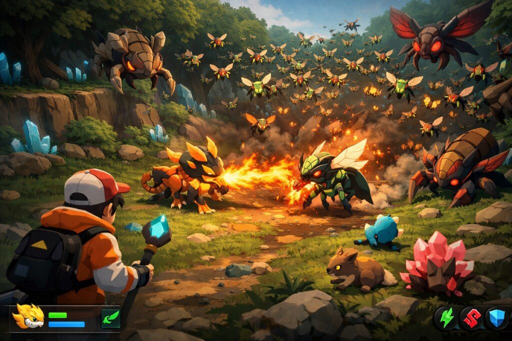 gameplay d’un jeu comme Temtem: Swarm