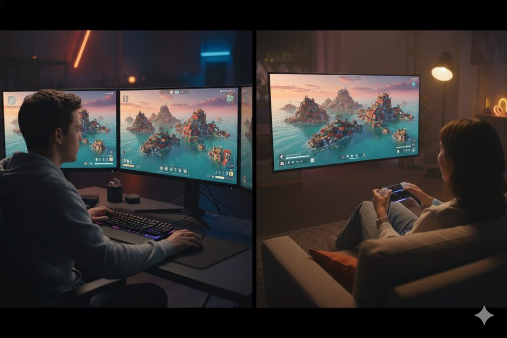 gamers jouant  à Tides of Tomorrow sur PC et PS5