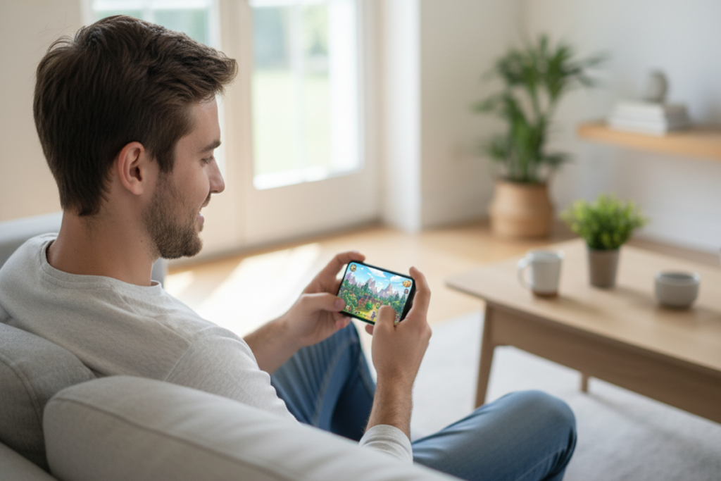 Un homme qui joue à un jeu de fantasy mobile