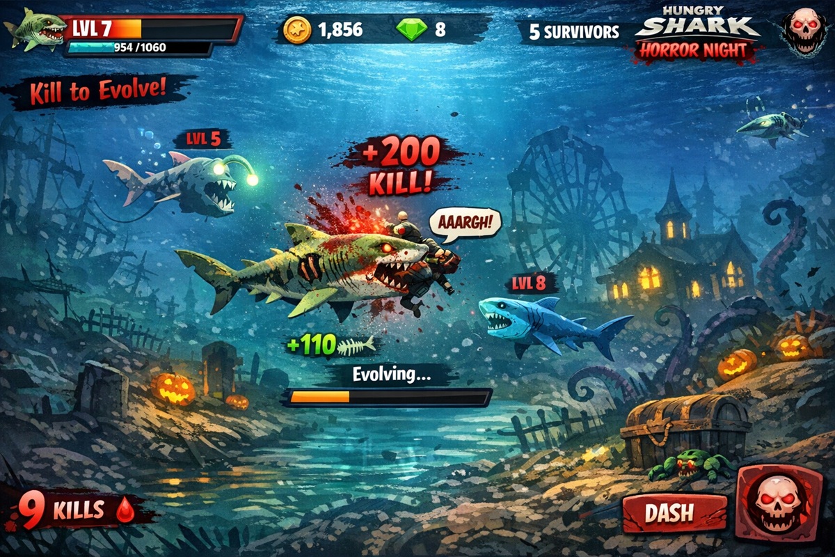 Gameplay d’un jeu mobile comme Hungry Shark Arena Horror Night
