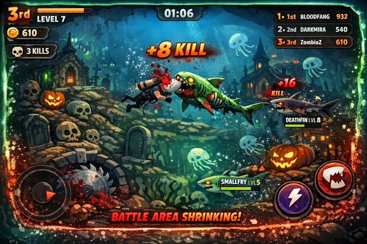 Gameplay d’un jeu mobile comme Hungry Shark Arena Horror Night