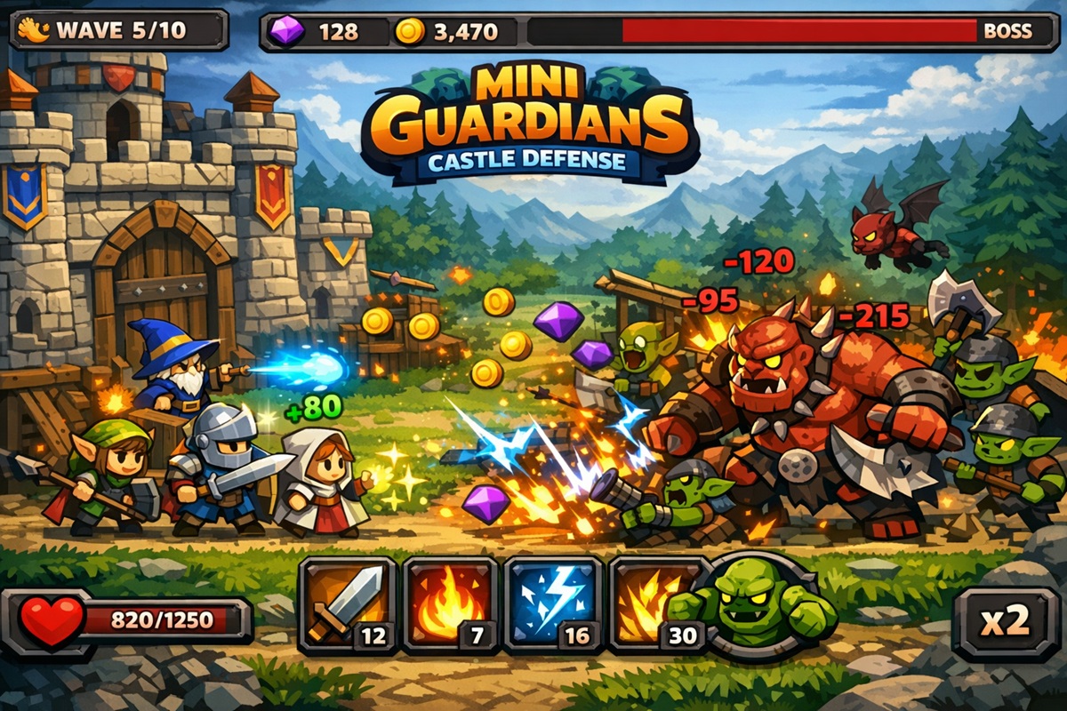 Gameplay d’un jeu mobile comme Mini Guardians Castle Defense