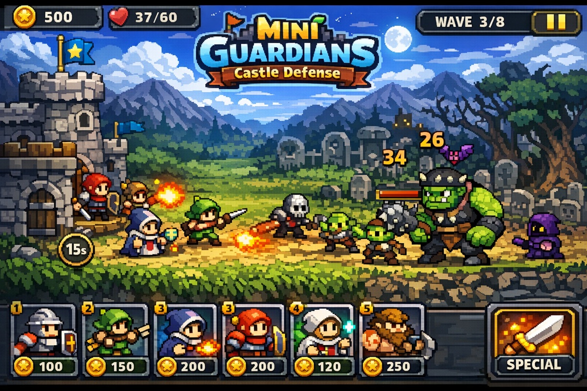 Gameplay d’un jeu mobile comme Mini Guardians Castle Defense