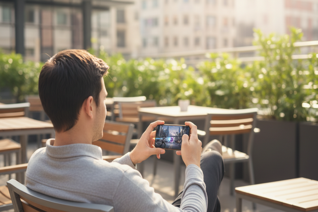 Un homme qui joue à Neverness to Everness sur mobile