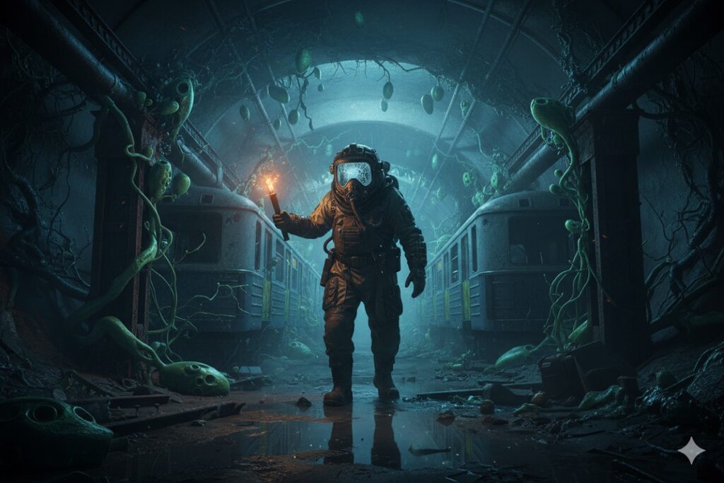 personnage en combinaison comme dans Metro 2039