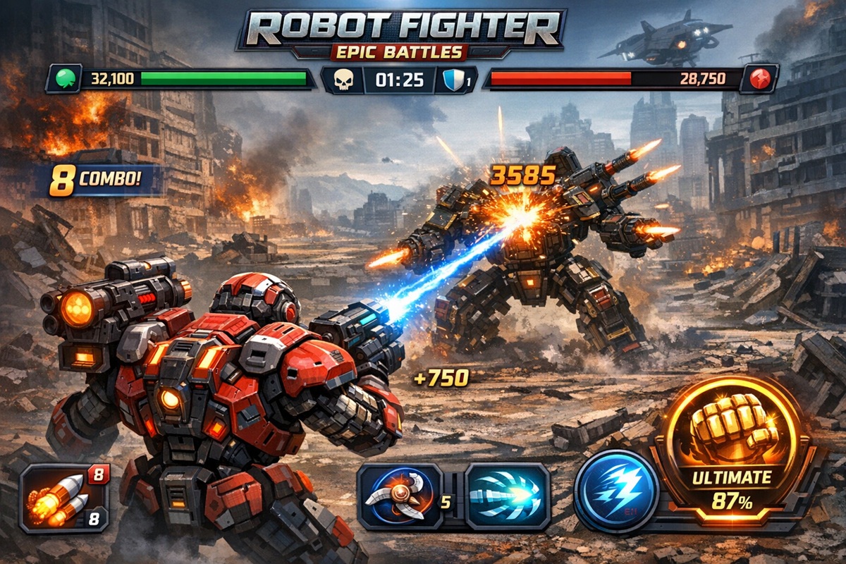 Gameplay d’un jeu mobile comme Robot Fighter: Epic Battles