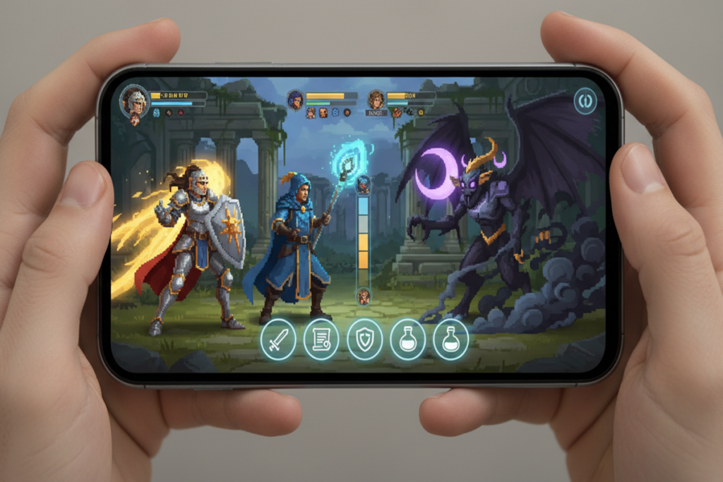 Gameplay d’un RPG fantasy sur smartphone