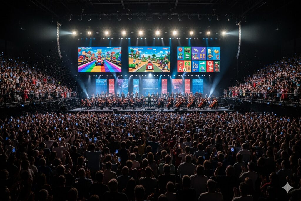  salle de concert projetant des visuels de jeux Nintendo comme Yoshi et Mario