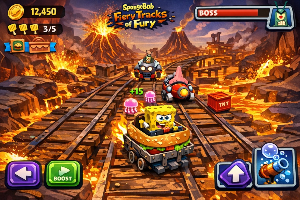 Gameplay d’un jeu mobile comme Spongebob Squarepants: Fiery Tracks of Fury