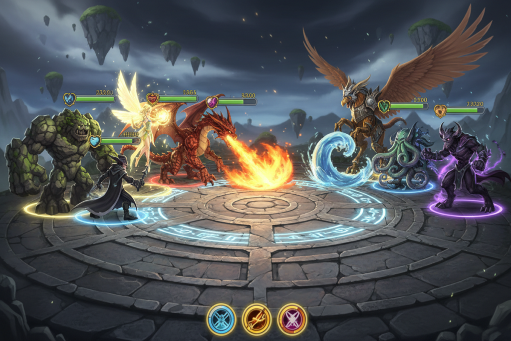 Gameplay d’un jeu de combat tactique comme Summoners War : Sky Arena