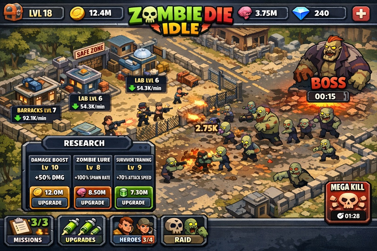 Gameplay d’un jeu mobile comme Zombie Die Idle