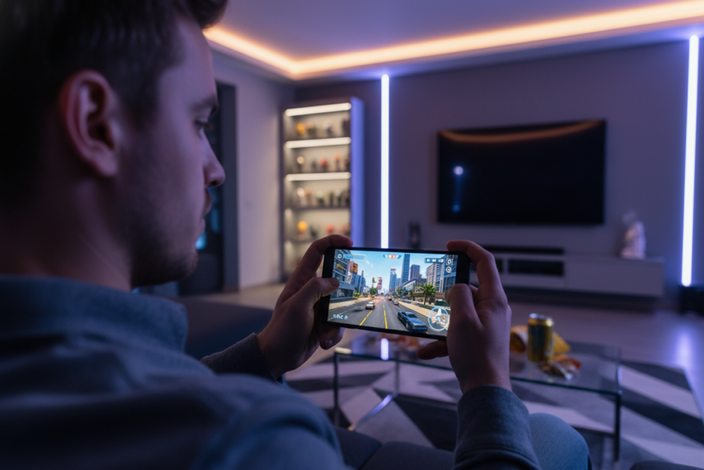  Un joueur qui joue sur son smartphone