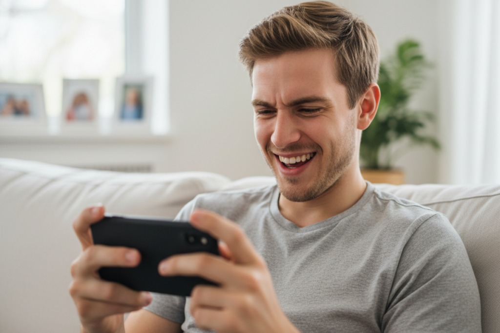 Une personne qui s’amuse en jouant sur mobile